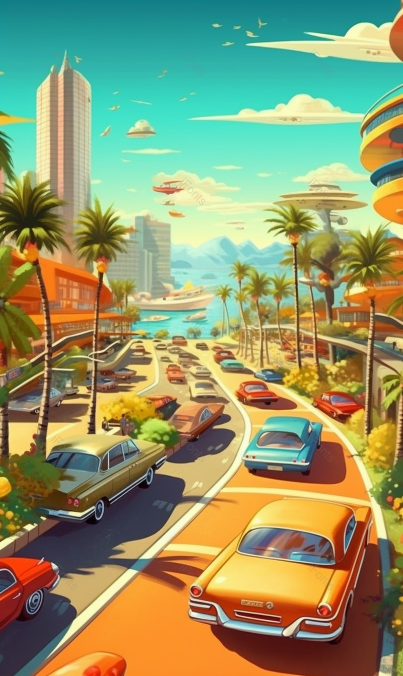 春天夏天季节繁华的都市城市中高楼大厦公路上成排的汽车,插画/手绘图,插画/手绘图库,插画/手绘图下载,插画/手绘